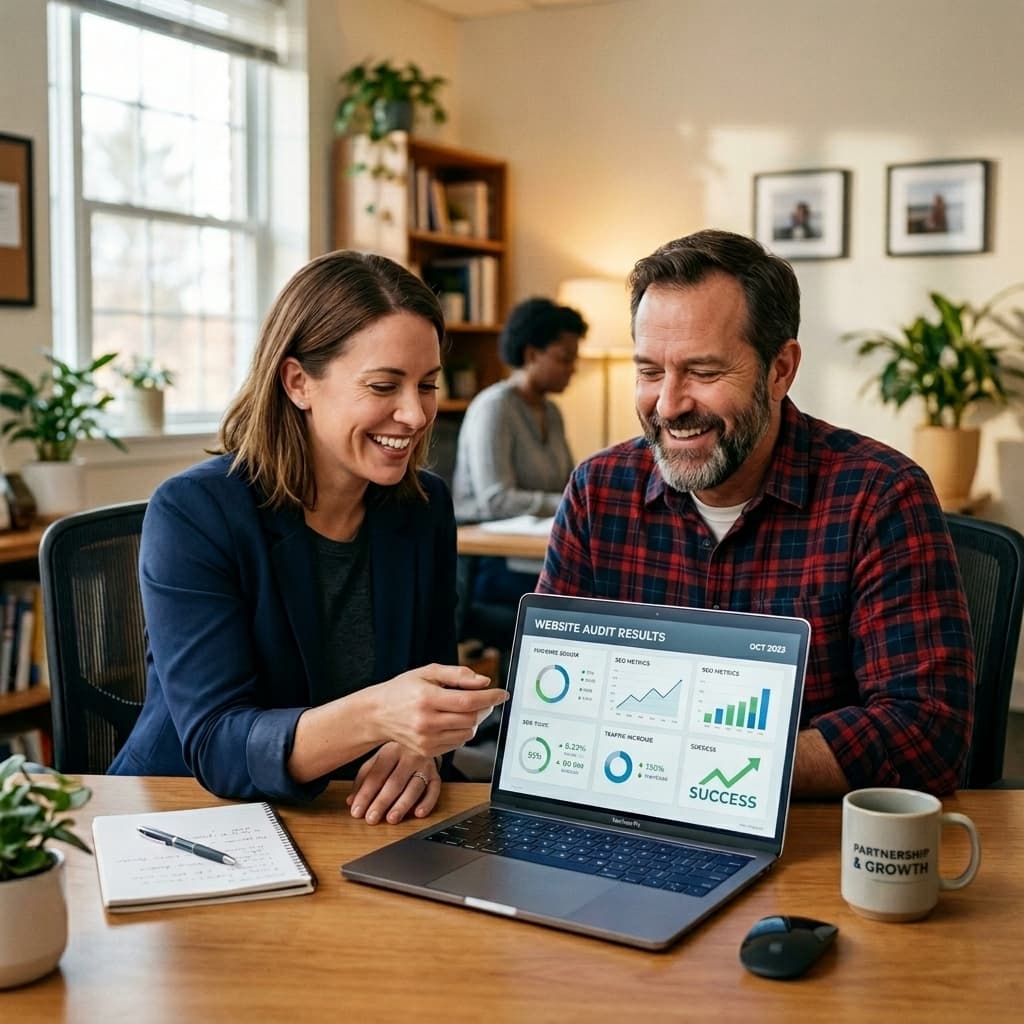 Digital marketer consultant showing website audit to a small business owner